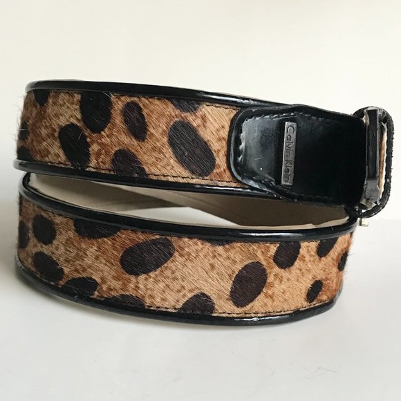 Vtg Calvin Klein Brown Black Leather Belt Womens Size M Cow Fur Spots Cowgirl - Picture 2 of 16